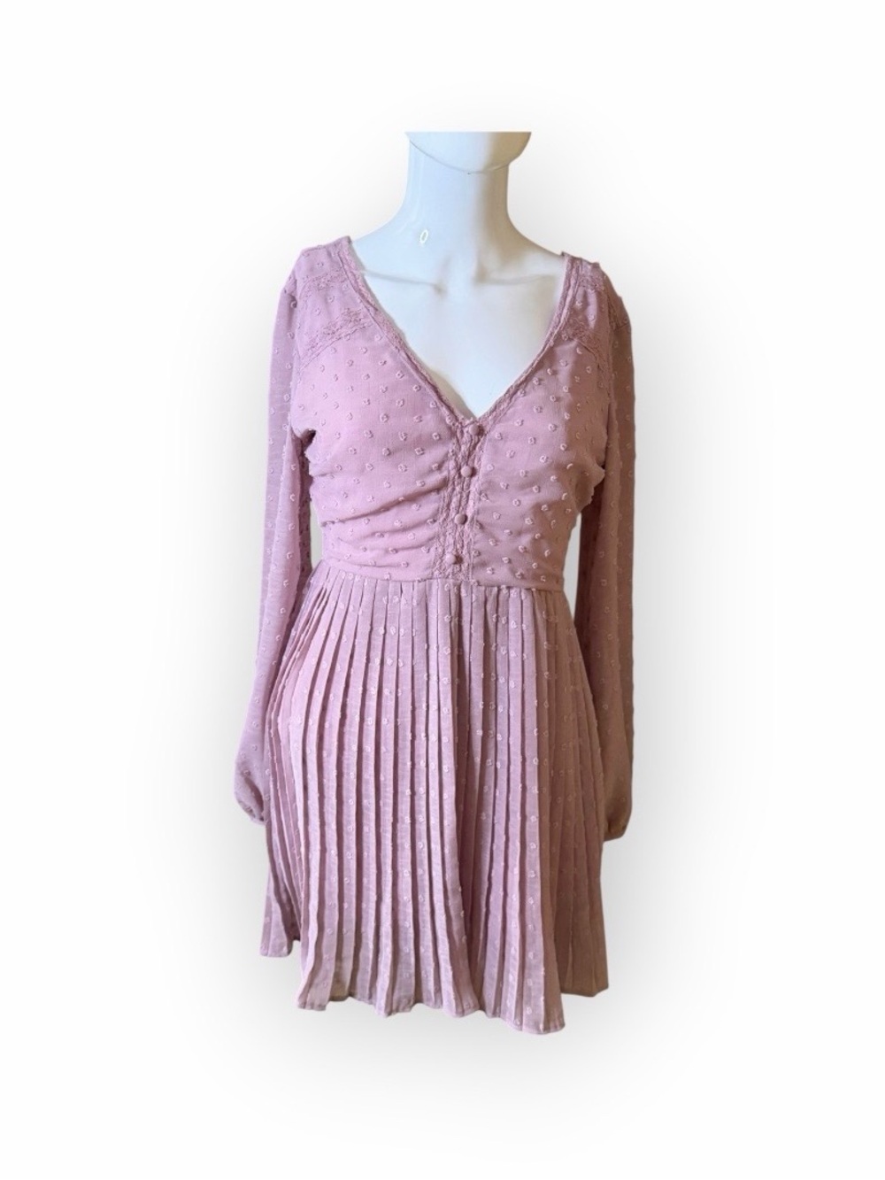 Lulu's Mauve Long-Sleeve Pleated V-Neck Mini Dress